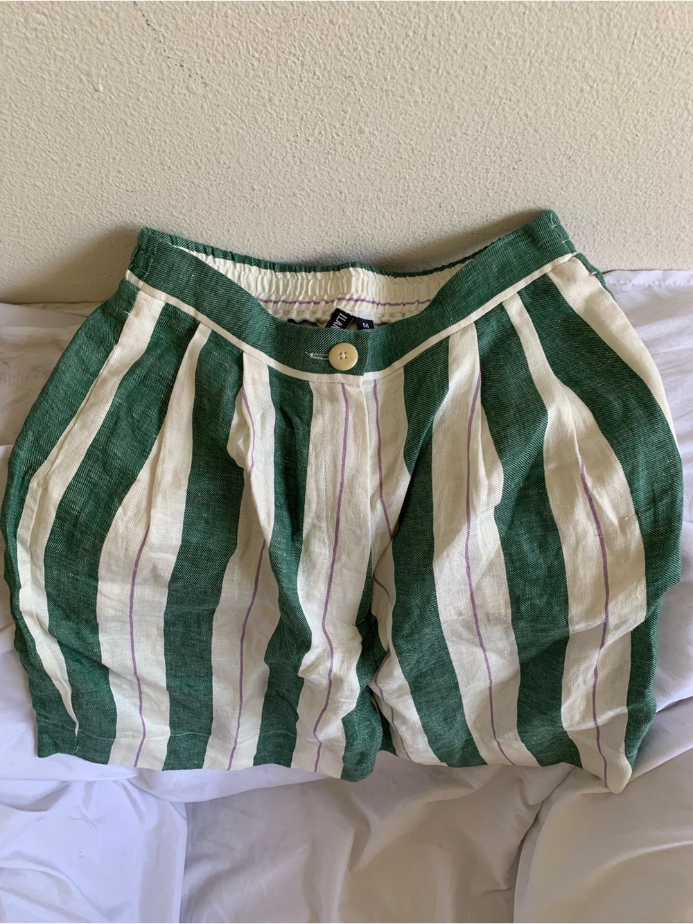 Ilana Kohn Green and White Striped Linen Shorts Size Medium